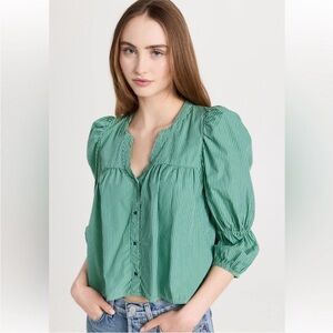 Nation LTD Geneva Blouse Havana Green Poplin Puff Sleeve Button Down Size Small